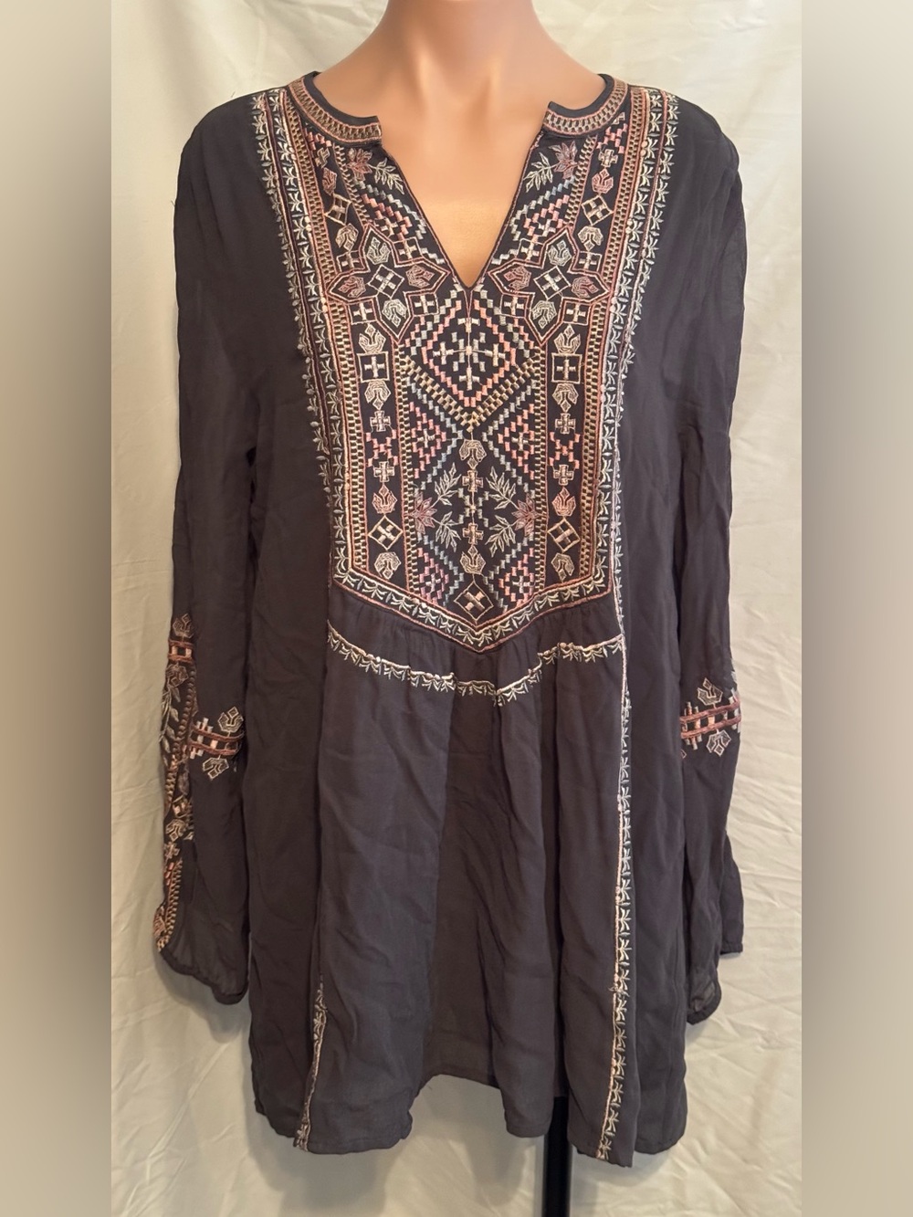 Pretty Boho Sheer Embroidered Charcoal Tunic Top or Mini Dress